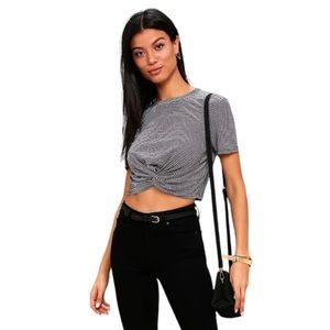 Lulus‎ Crop Trop Size Small Charcoal  Grey Striped "Positive Vibes" Short Sleeve
